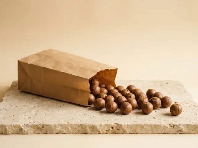 Bao mắc ca hạt nhỏ đổ ra phiến đá